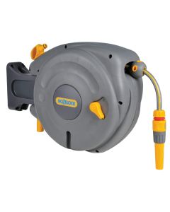 Hozelock auto reel 10 m. Automatisch oprolbare muurhaspel inclusief 10 meter Ø 9 mm slang, startset koppelingen & tuinspuit.